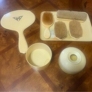 Vintage Antique Ivory Celluloid Vanity Dresser Brush Mirror Set Pyralin